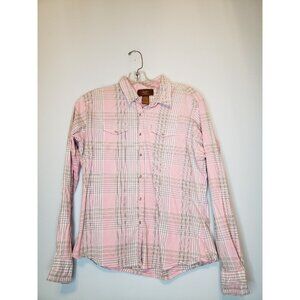 Aura Wrangler Womens Sz L Shirt Pearl Snap Front Pink Plaid Long Sleeve Pockets